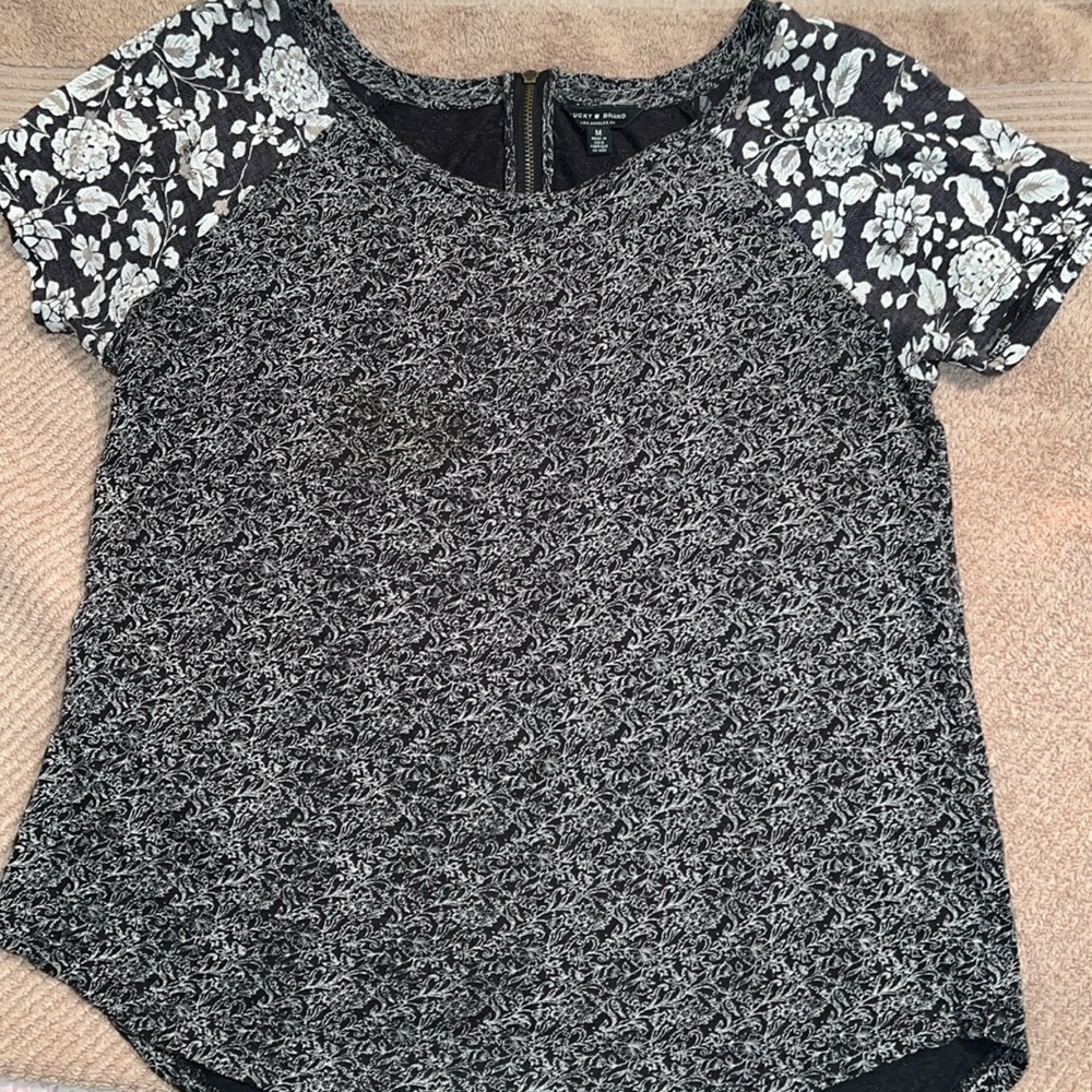 Lucky Brand Black White Zipper Blouse M